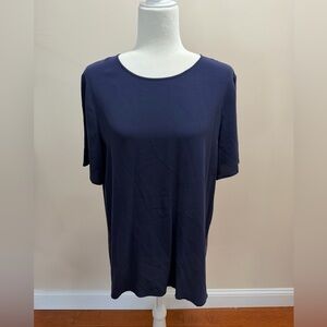 NWT Eileen Fisher Midnight Navy 100% Silk Round Neck Short Sleeve Boxy Top Sz. M